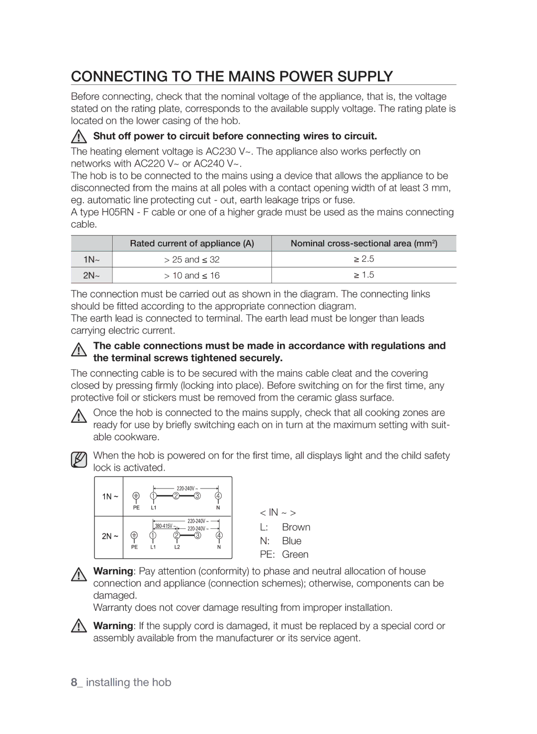 Samsung CTI613GI user manual Connecting to the mains power supply 