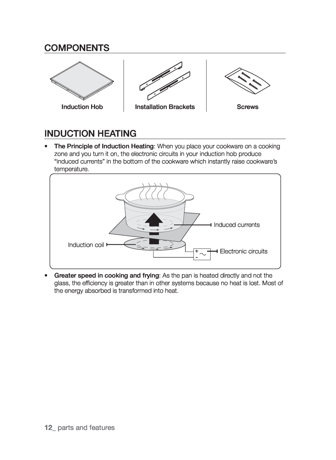 Samsung CTI613GI user manual Components, Induction heating, parts and features 