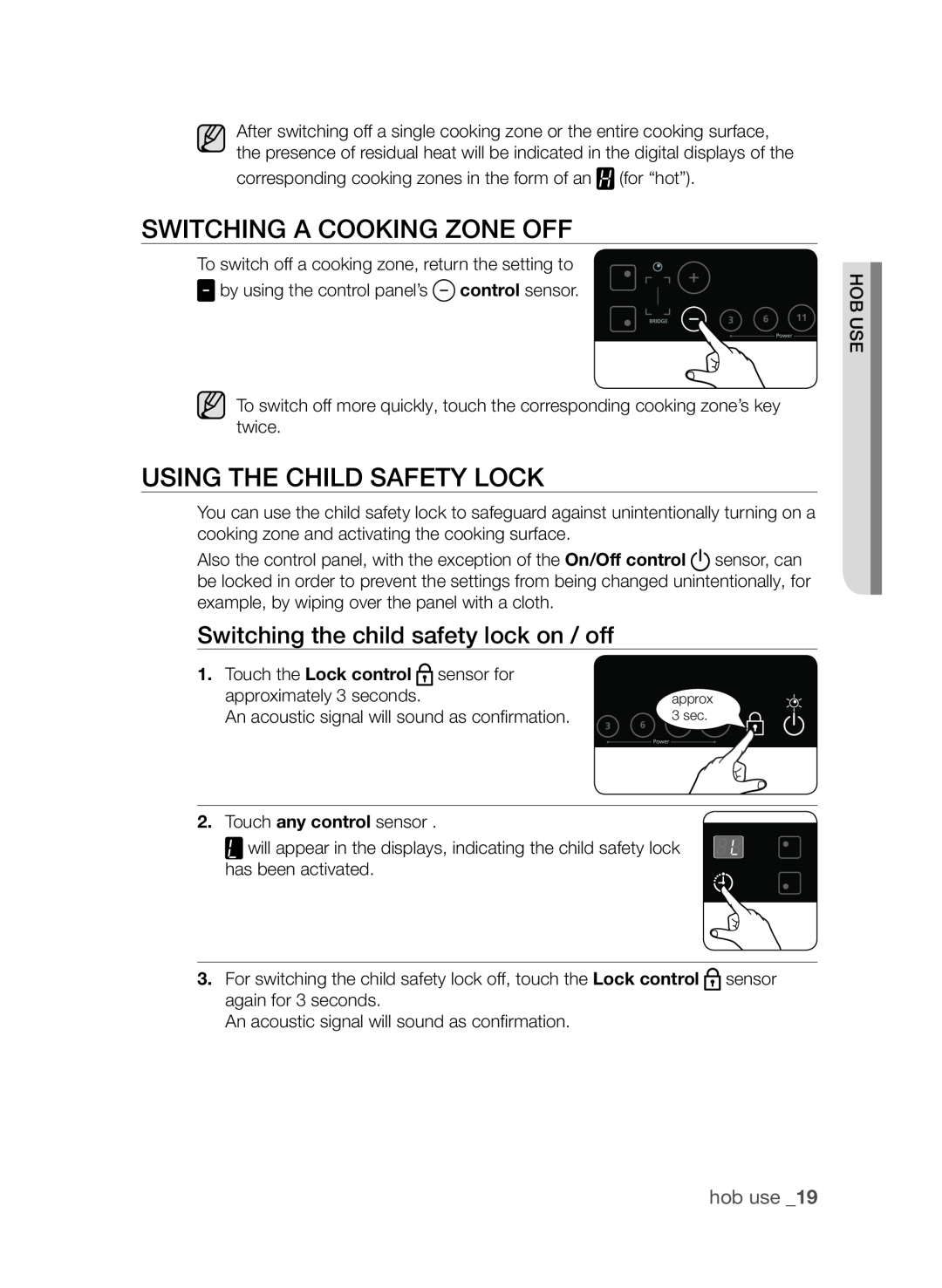 Samsung CTI613GI swITChInG a CookInG zone off, usInG The ChIld safeTy loCk, switching the child safety lock on / off 