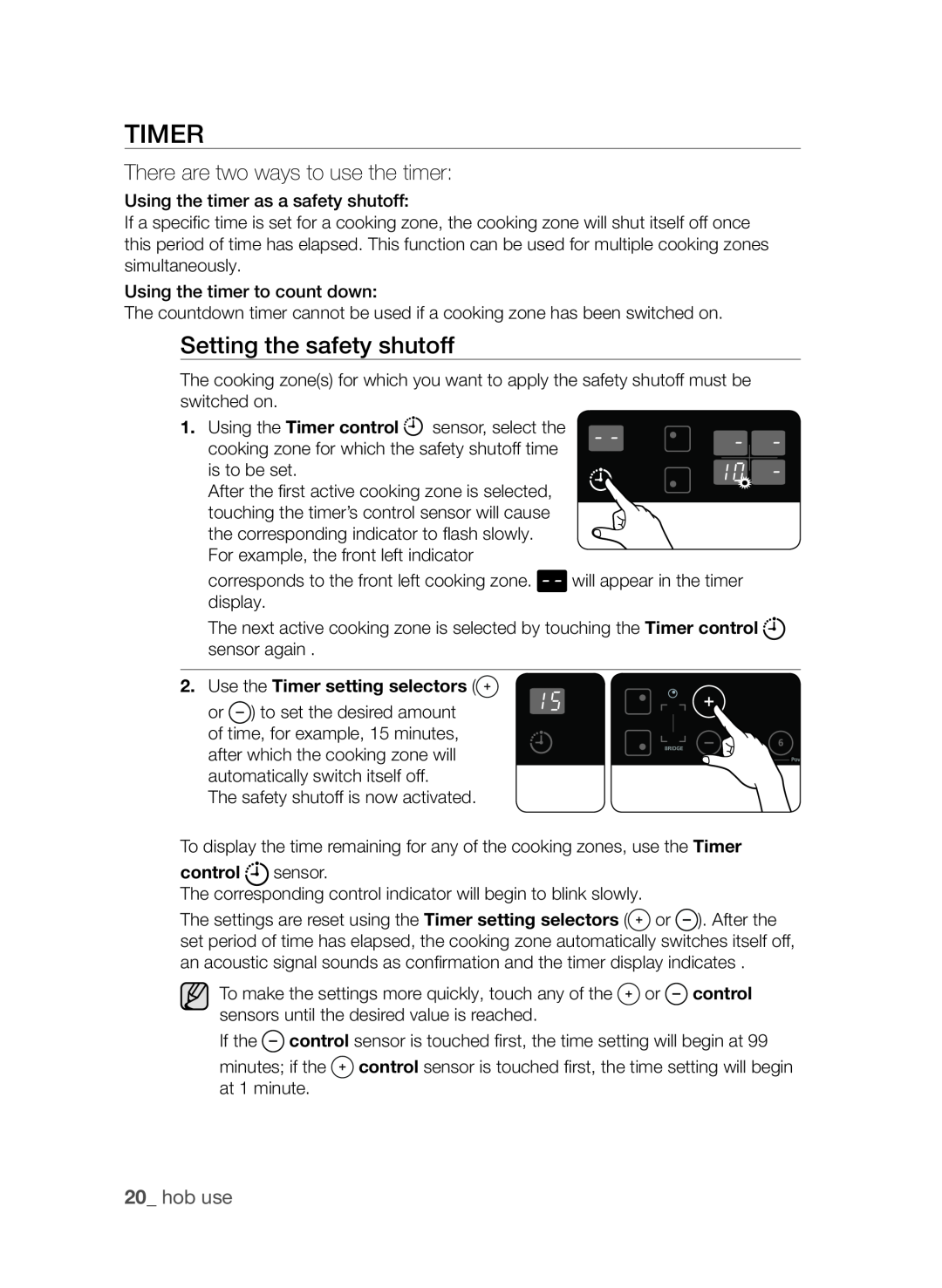Samsung CTI613GI user manual Timer, Setting the safety shutoff, There are two ways to use the timer, hob use, control 