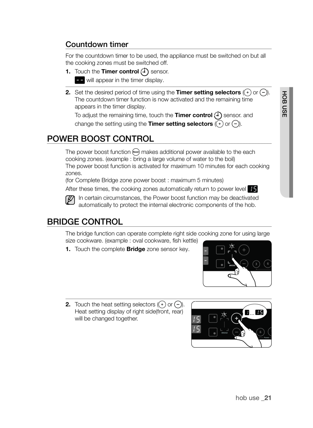 Samsung CTI613GI user manual Power boost control, Bridge Control, Countdown timer, hob use 