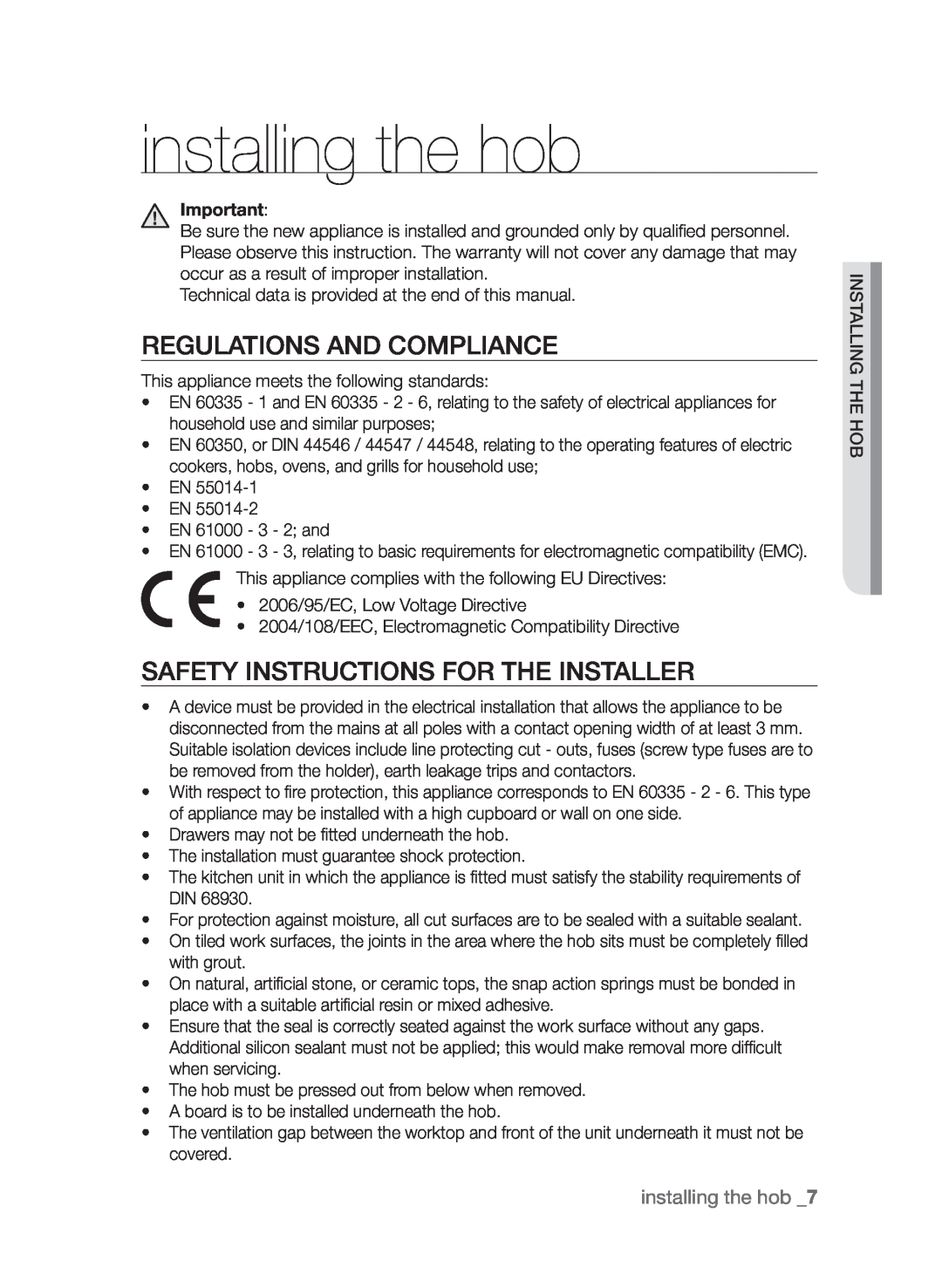 Samsung CTI613GI user manual installing the hob, Regulations and compliance, Safety instructions for the installer 