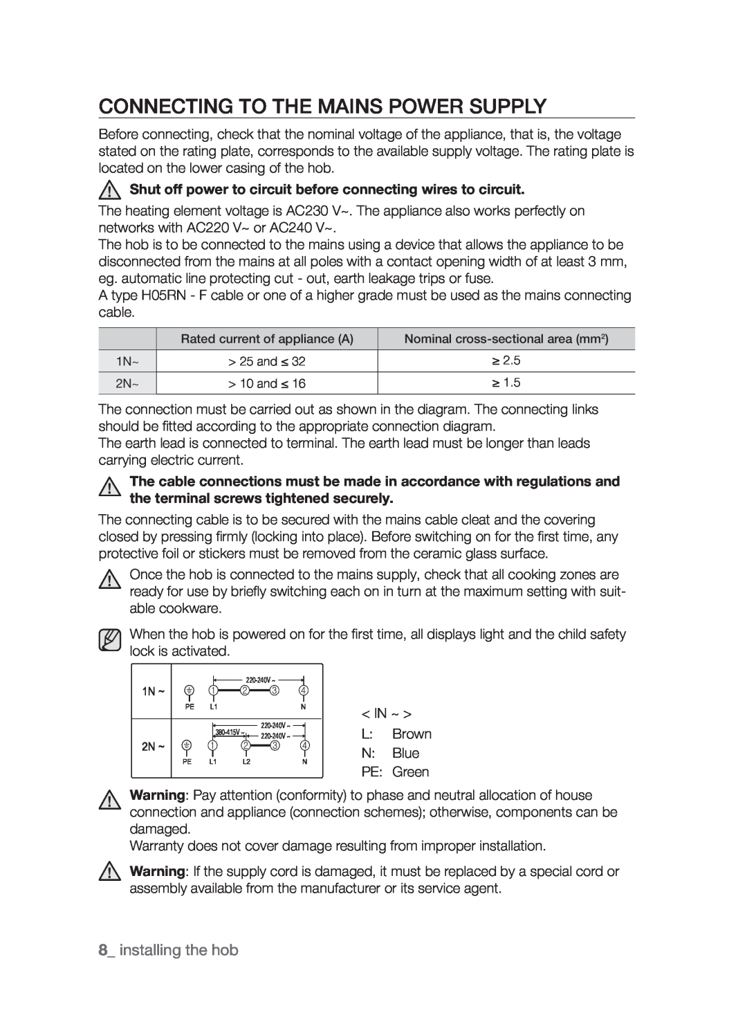 Samsung CTI613GI user manual Connecting to the mains power supply,  installing the hob 