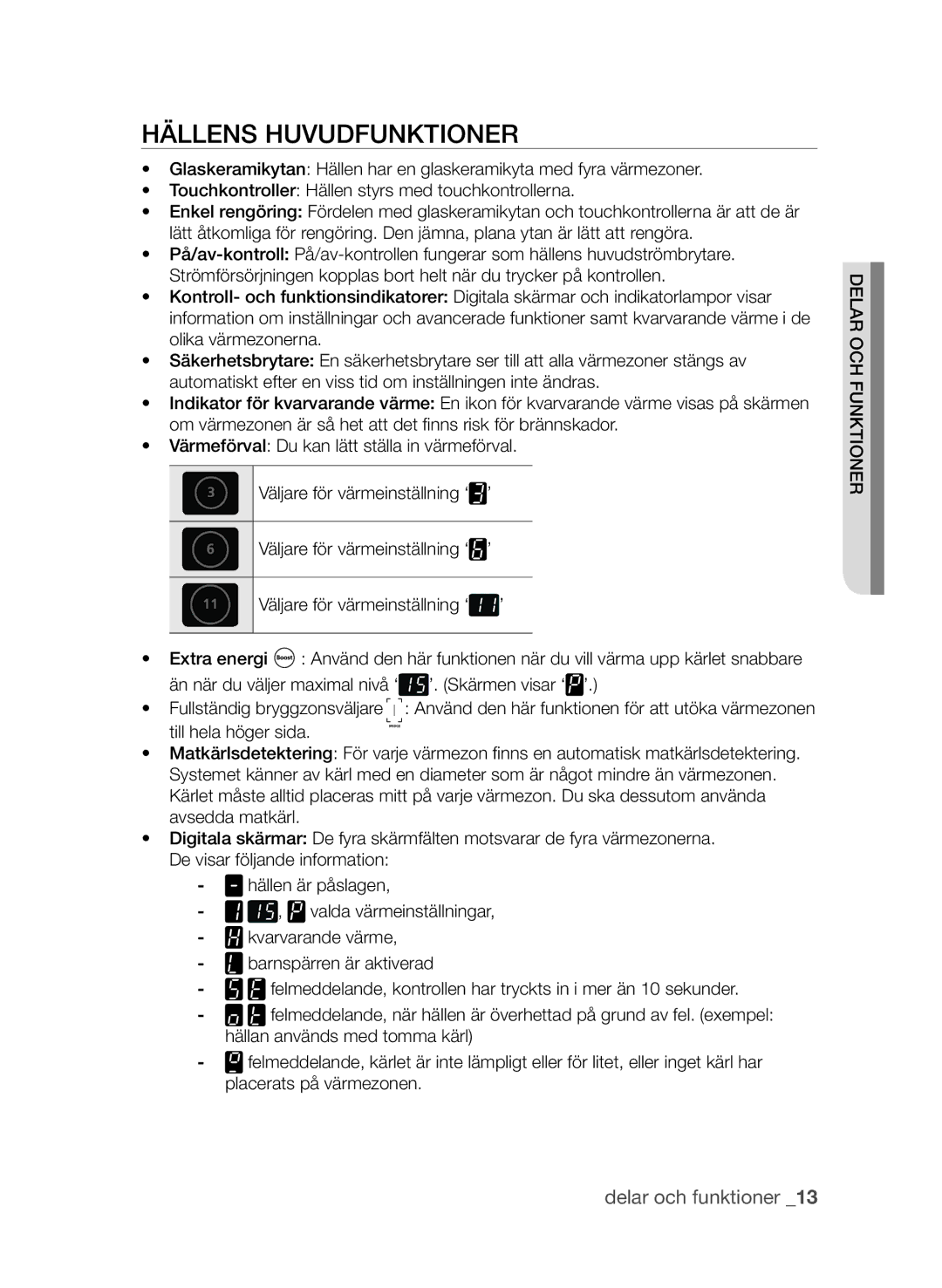 Samsung CTI613GIN/XEO, CTI613GIN/XEE manual Hällens huvudfunktioner 