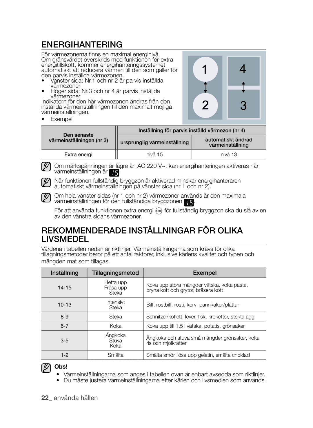 Samsung CTI613GIN/XEE, CTI613GIN/XEO manual Energihantering, Rekommenderade inställningar för olika livsmedel, Obs 