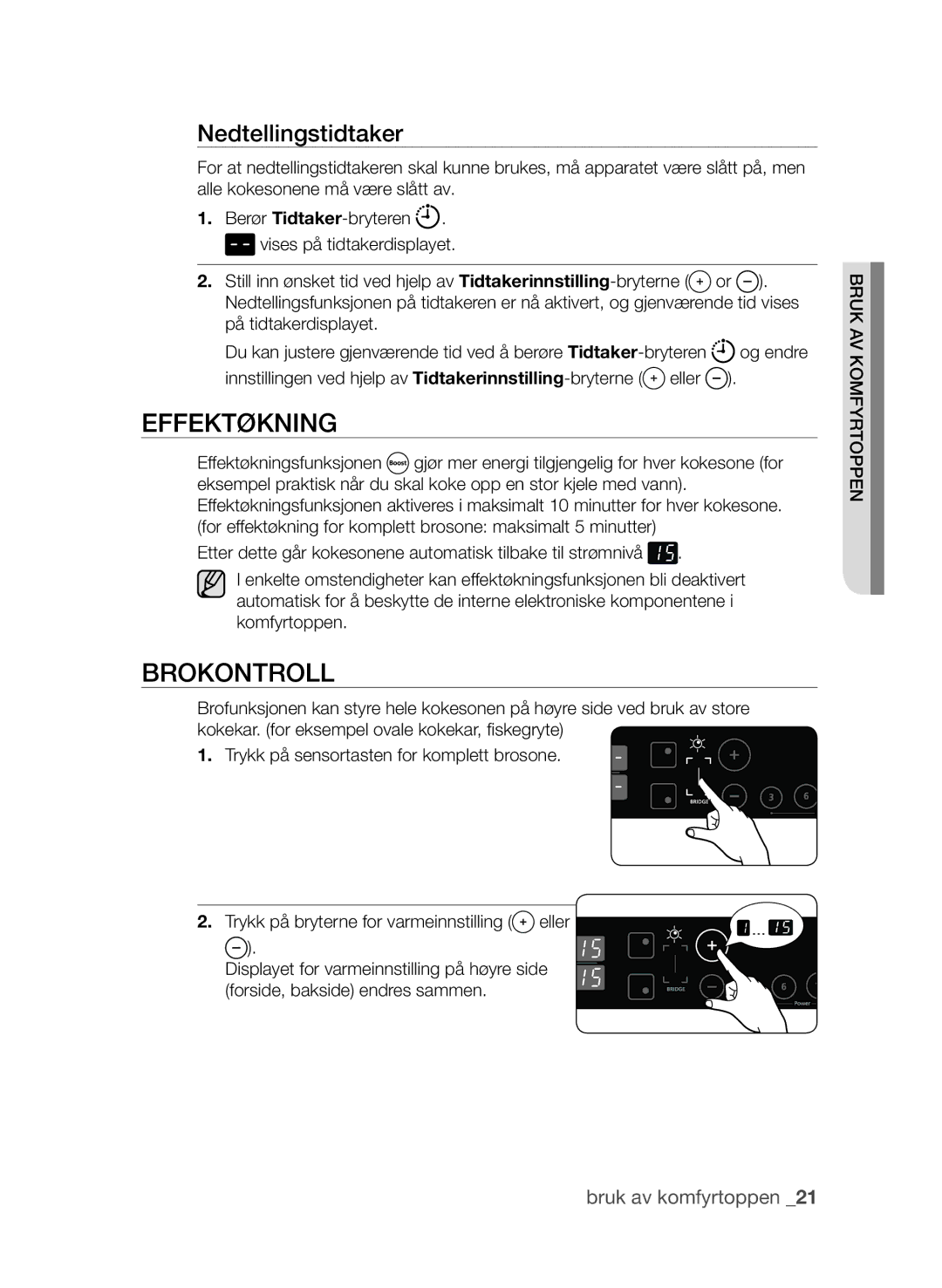 Samsung CTI613GIN/XEO, CTI613GIN/XEE manual Effektøkning, Brokontroll, Nedtellingstidtaker 