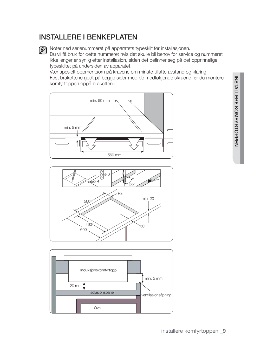 Samsung CTI613GIN/XEO, CTI613GIN/XEE manual Installere i benkeplaten 