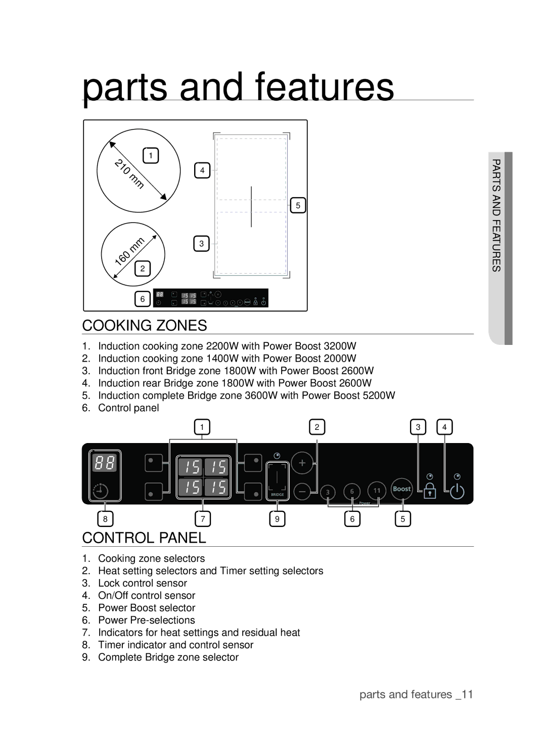 Samsung CTI613GIN/XEO, CTI613GIN/XEE manual Parts and features, Cooking zones, Control panel 