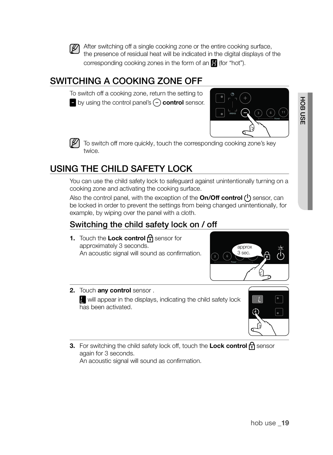 Samsung CTI613GIN/XEO SwITChInG a CookInG zone off, UsInG The ChIld safeTy loCk, Switching the child safety lock on / off 
