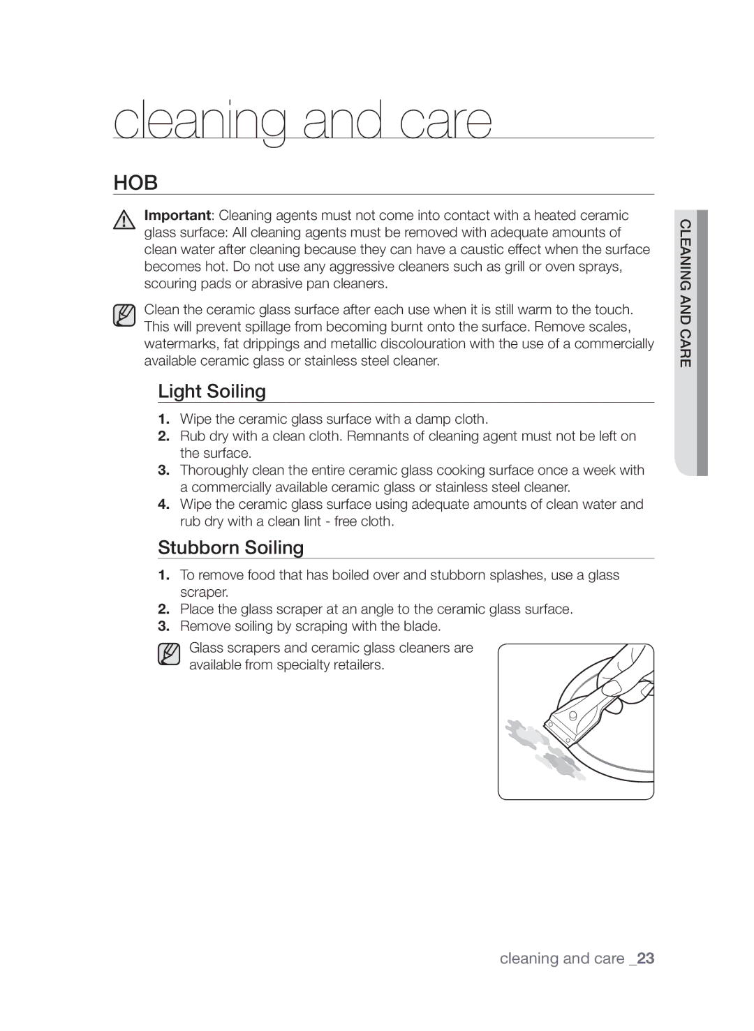 Samsung CTI613GIN/XEO, CTI613GIN/XEE manual Cleaning and care, Hob, Light Soiling, Stubborn Soiling 