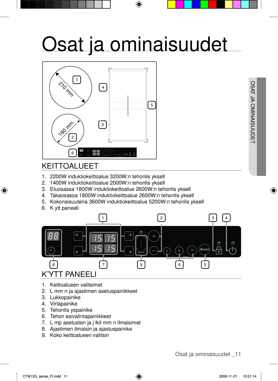 Samsung CTI613GIN/XEO, CTI613GIN/XEE manual Osat ja ominaisuudet, Keittoalueet, Käyttöpaneeli, InasuudesaO tja om 