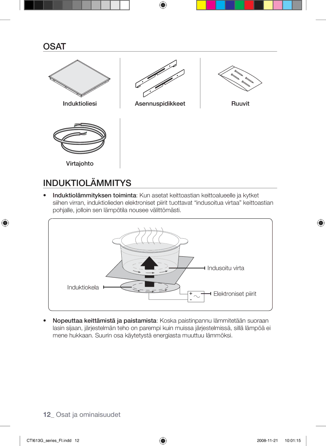 Samsung CTI613GIN/XEE, CTI613GIN/XEO manual Osat, Induktiolämmitys, Induktioliesi Virtajohto Asennuspidikkeet Ruuvit 