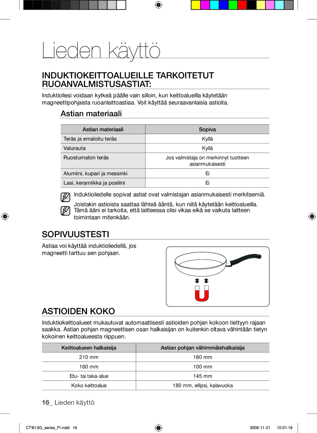 Samsung CTI613GIN/XEE, CTI613GIN/XEO Lieden käyttö, IndukTIokeITToalueIlle TarkoITeTuT ruoanvalmIsTusasTIaT, SopIvuusTesTI 