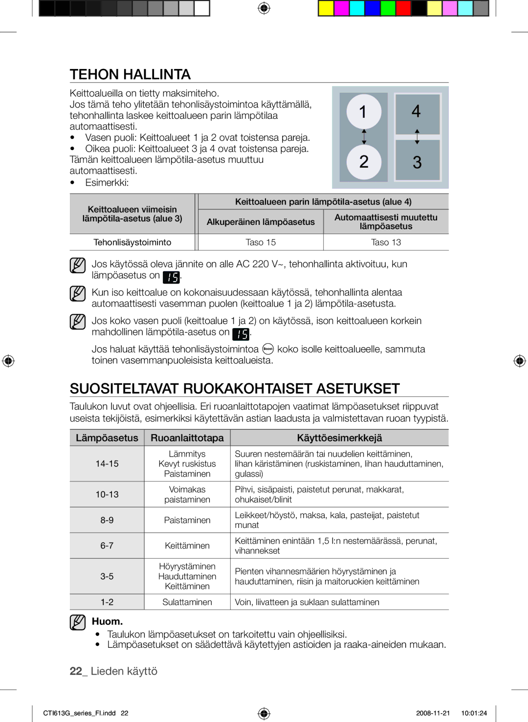 Samsung CTI613GIN/XEE, CTI613GIN/XEO manual Tehon hallinta, Suositeltavat ruokakohtaiset asetukset, Huom 