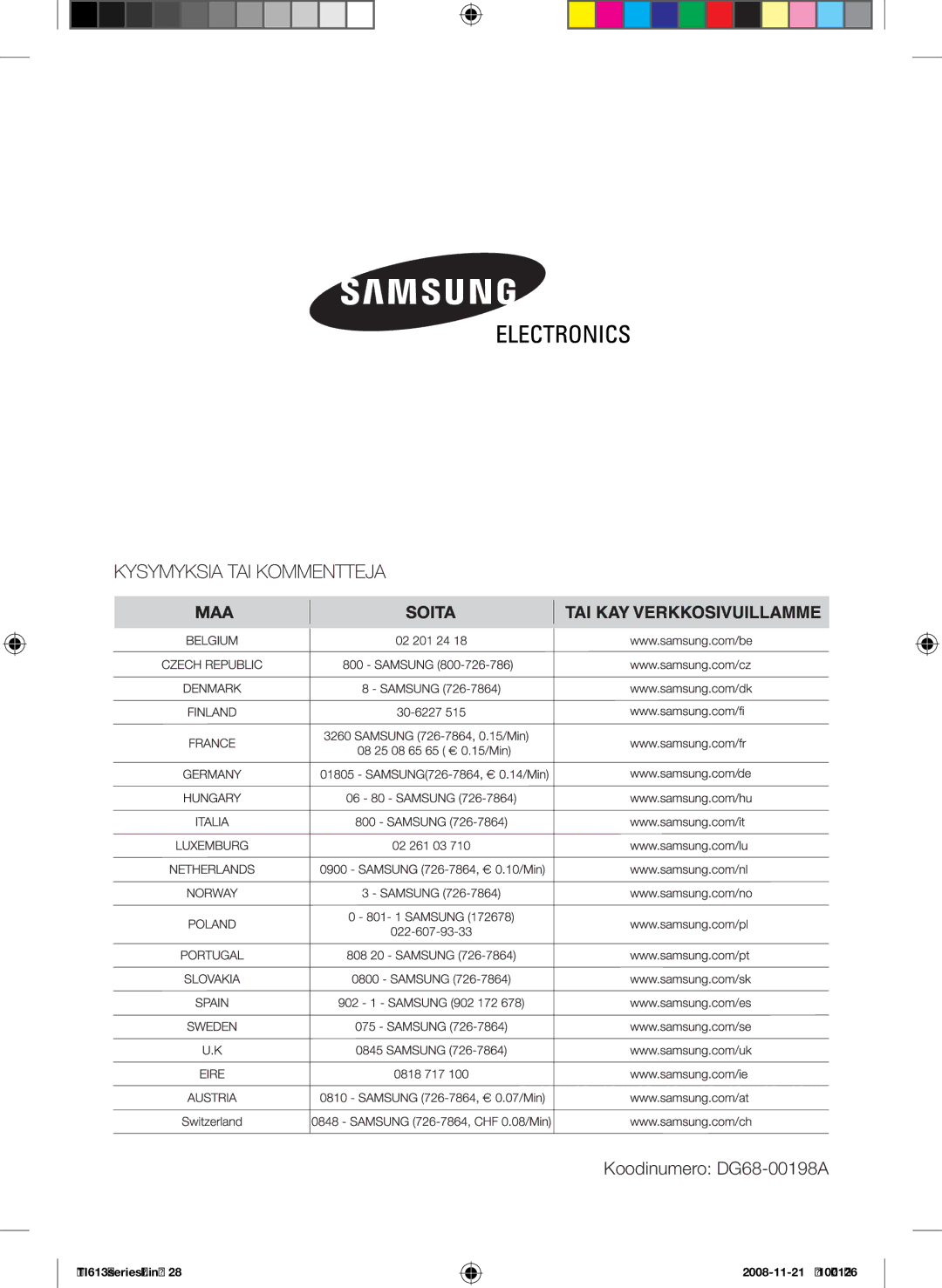 Samsung CTI613GIN/XEE, CTI613GIN/XEO manual Koodinumero DG68-00198A 