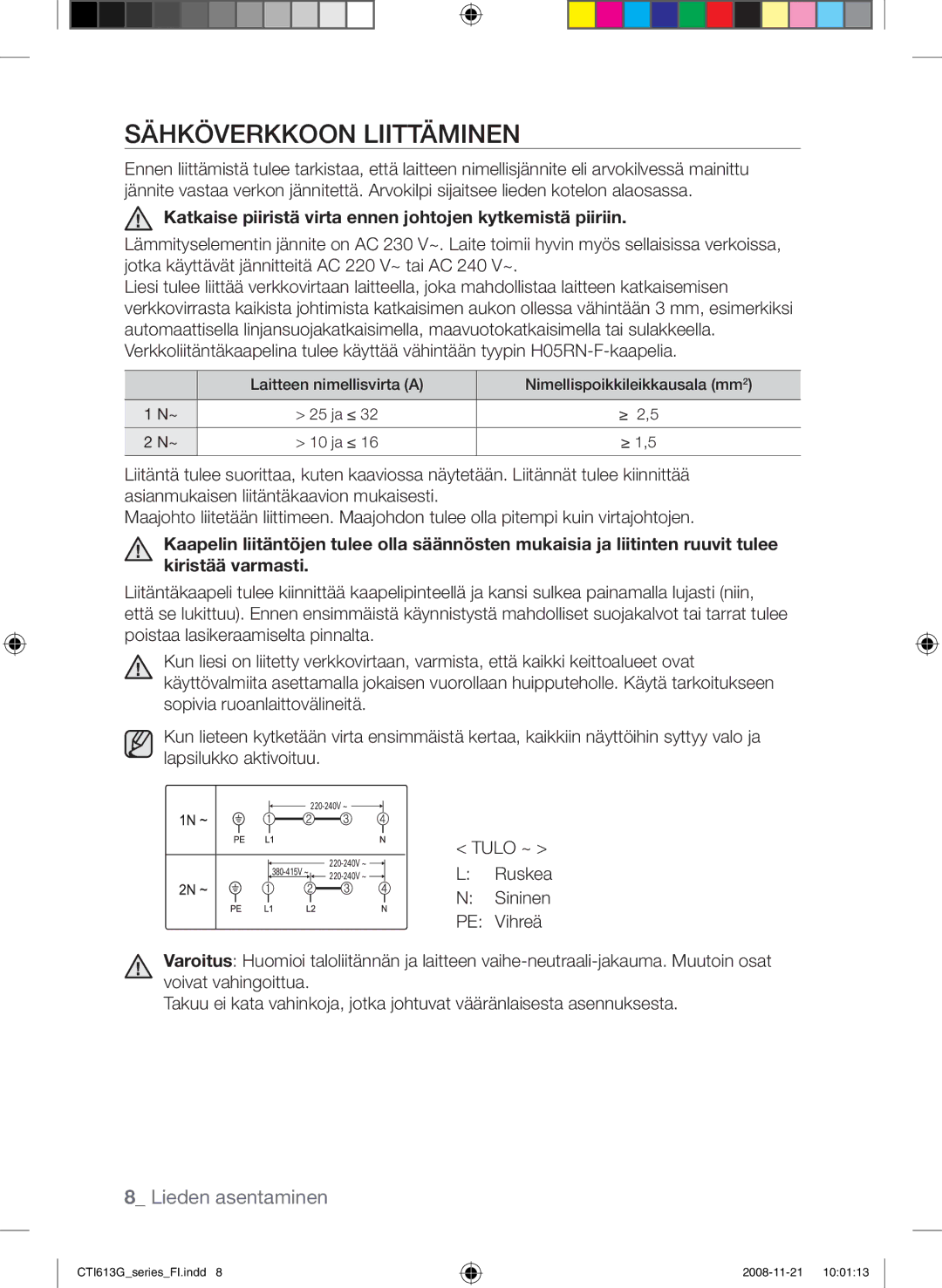 Samsung CTI613GIN/XEE manual Sähköverkkoon liittäminen, Katkaise piiristä virta ennen johtojen kytkemistä piiriin, Tulo ~ 