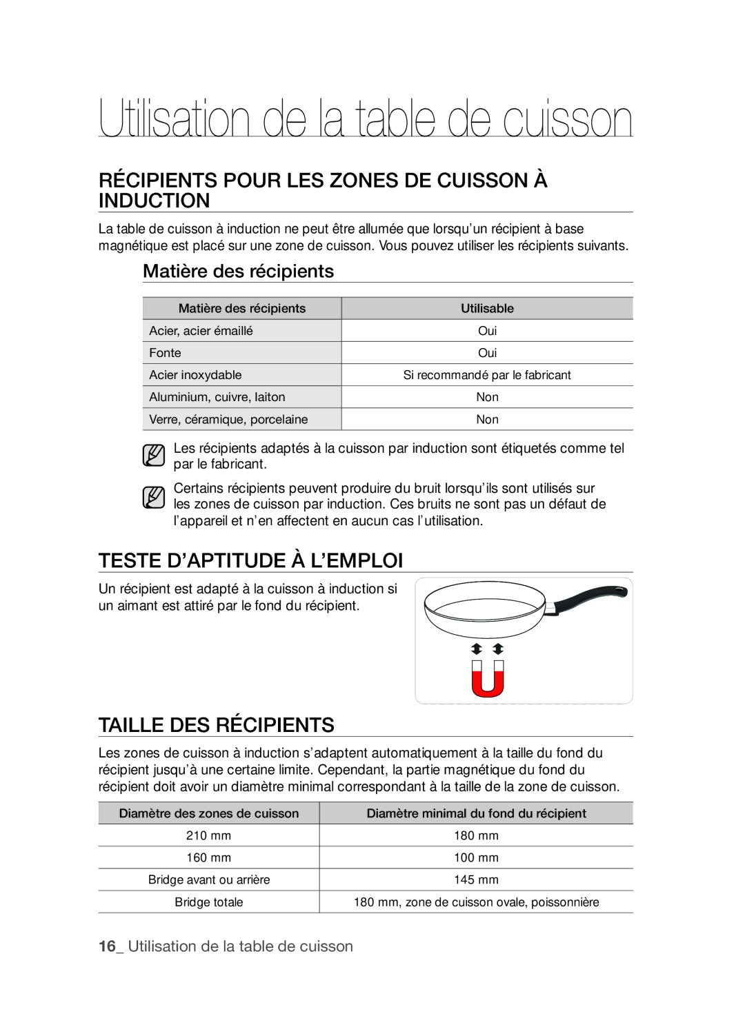 Samsung CTI613GIN/XEF RéCIpIenTS pour LeS ZoneS de CuISSon à InduCTIon, TeSTe d’apTITude à L’empLoI, TaILLe deS réCIpIenTS 