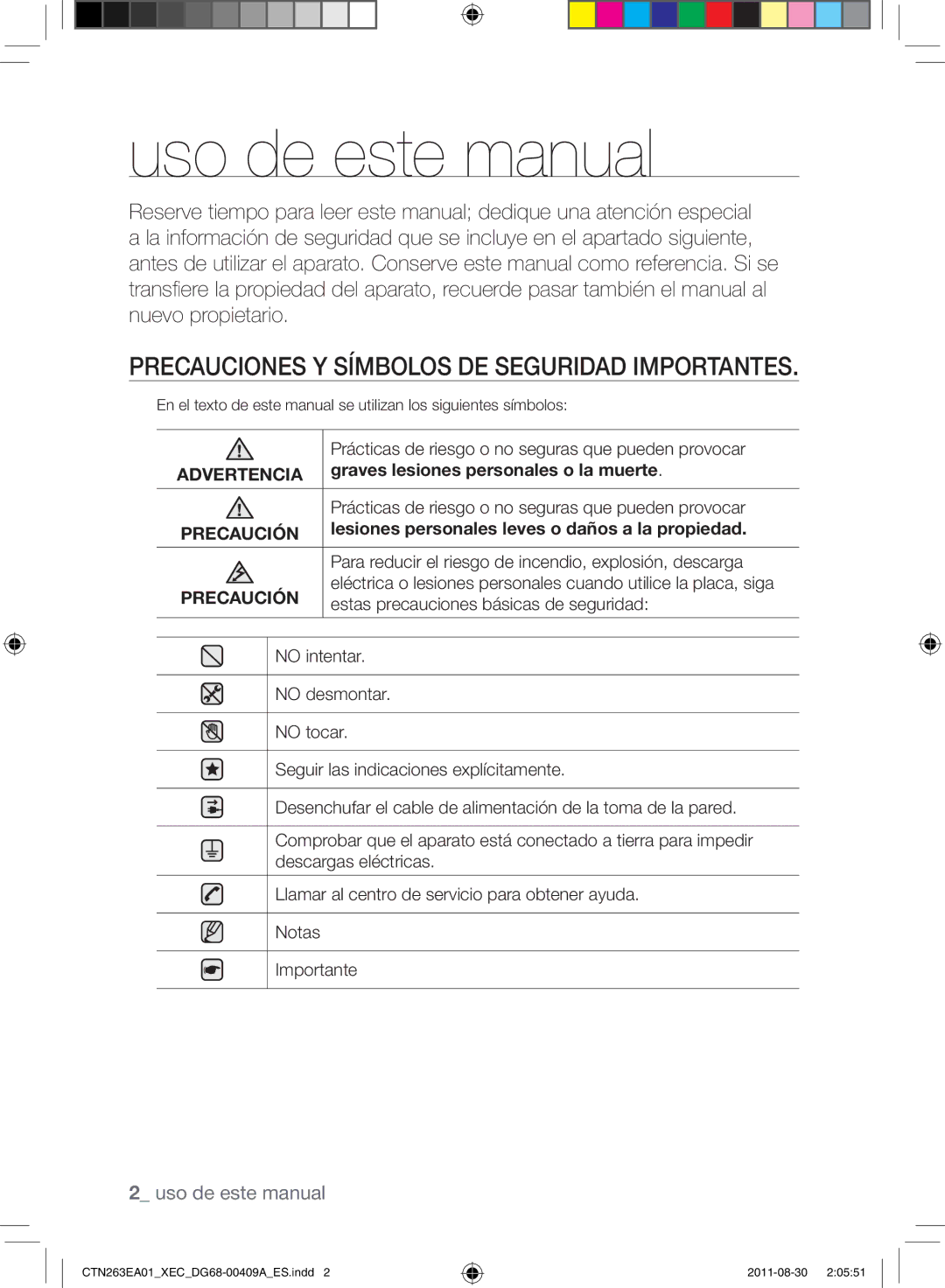 Samsung CTN263EA01/XEC Uso de este manual, Precauciones y símbolos de seguridad importantes 