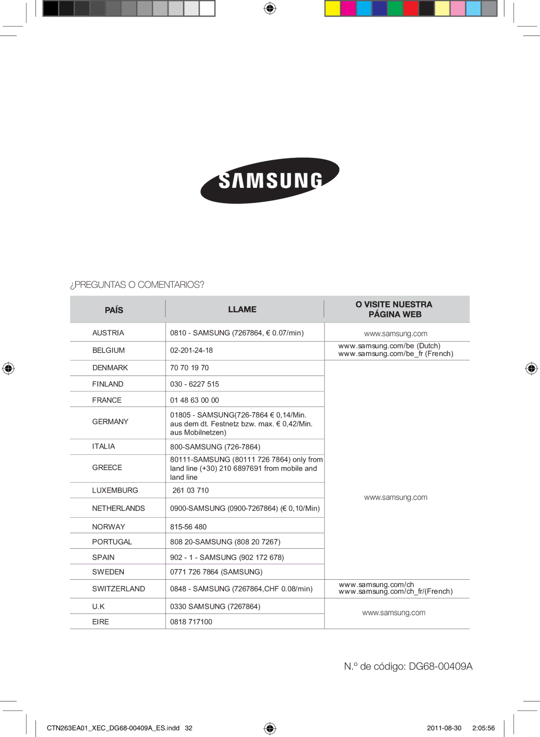 Samsung CTN263EA01/XEC manual De código DG68-00409A 