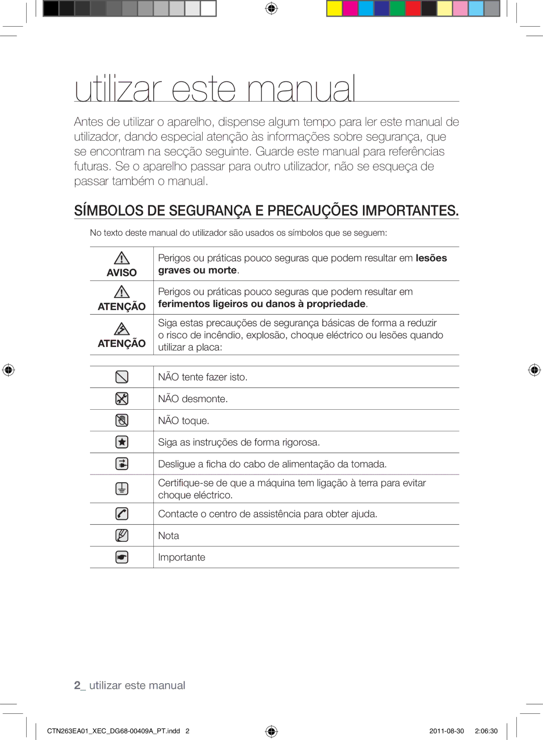 Samsung CTN263EA01/XEC Utilizar este manual, Símbolos de segurança e precauções importantes 