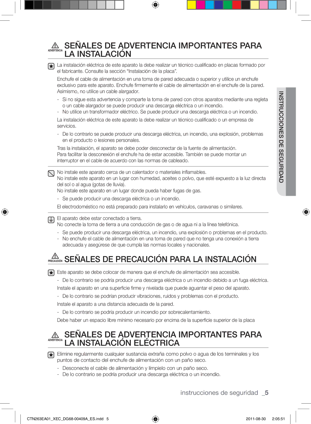 Samsung CTN263EA01/XEC manual Precaución Señales de precaución para la instalación 