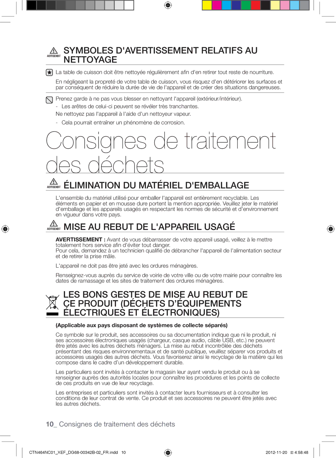 Samsung CTN263EA01/XEF manual Symboles Davertissement Relatifs AU, Avertissement Élimination DU Matériel Demballage 