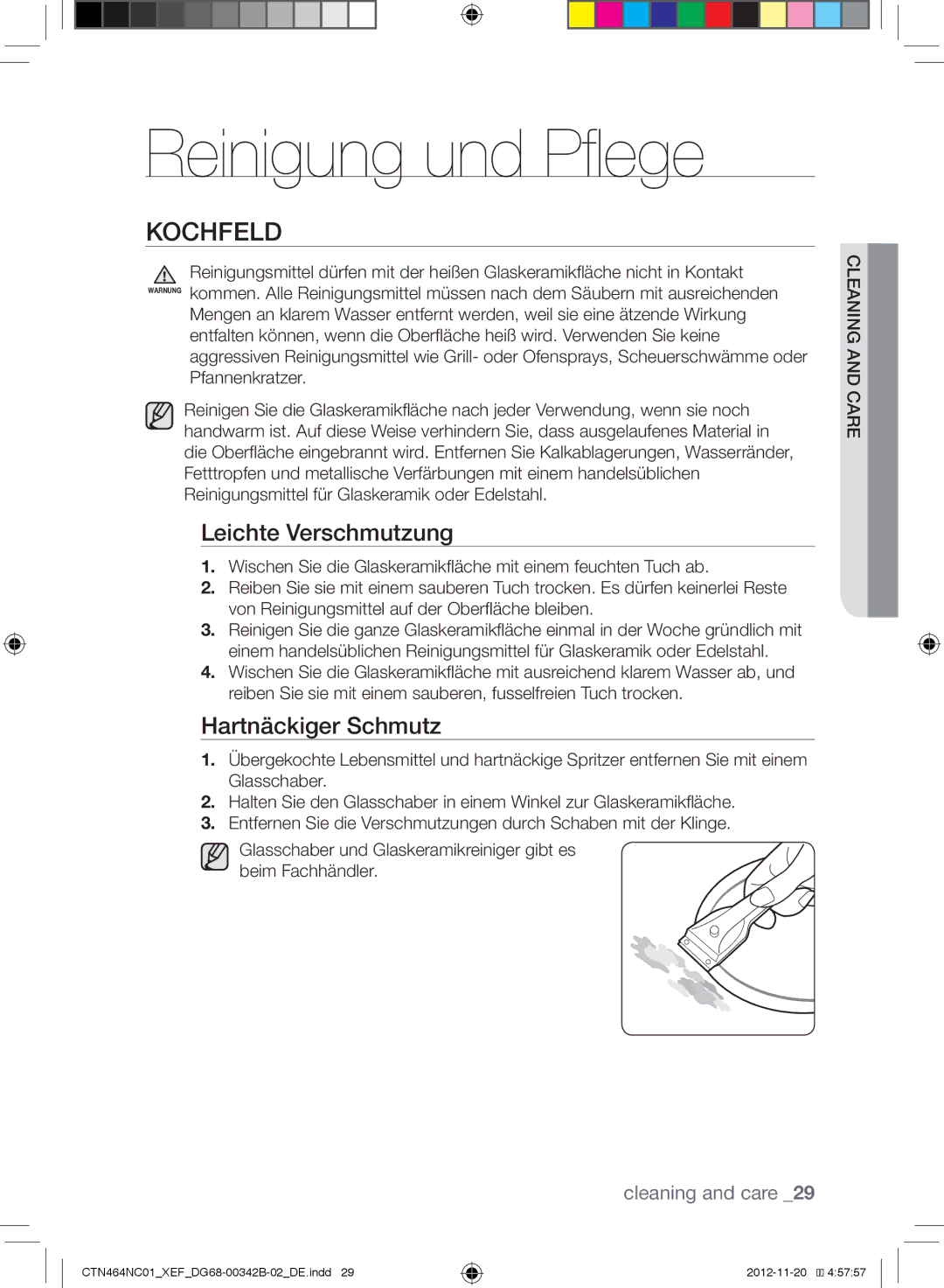 Samsung CTN464NC01/XEF manual Reinigung und Pflege, Kochfeld, Leichte Verschmutzung, Hartnäckiger Schmutz, Careand cleaning 