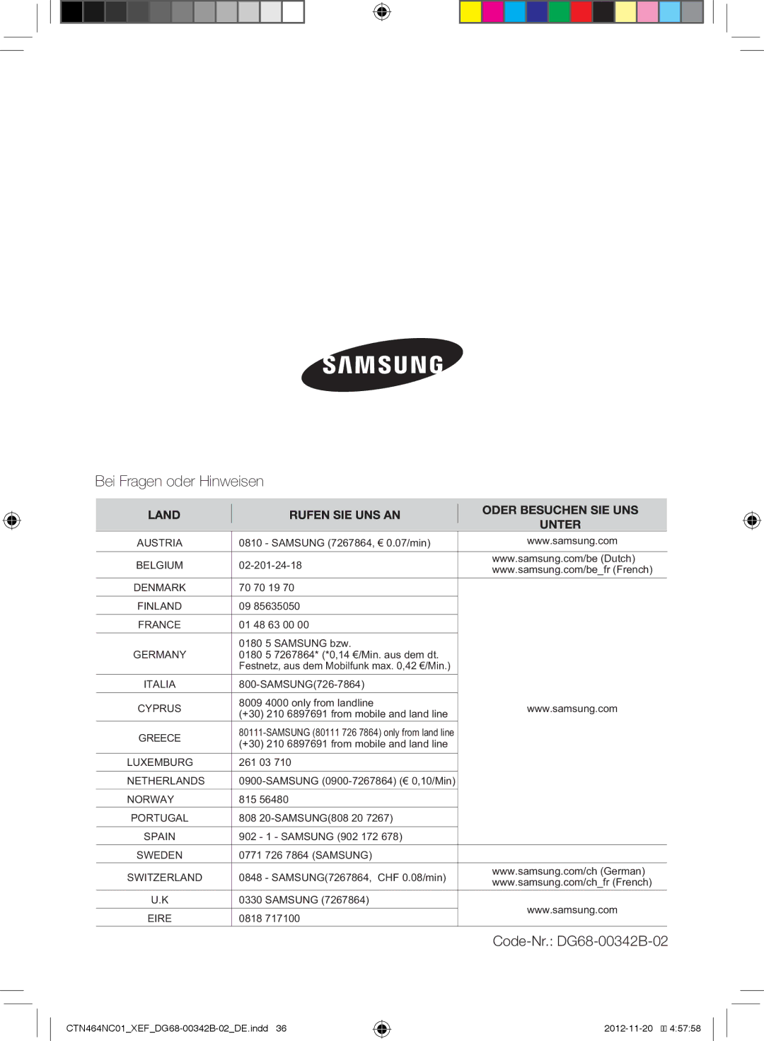 Samsung CTN263EA01/XEF, CTN464NC01/XEF manual Bei Fragen oder Hinweisen 