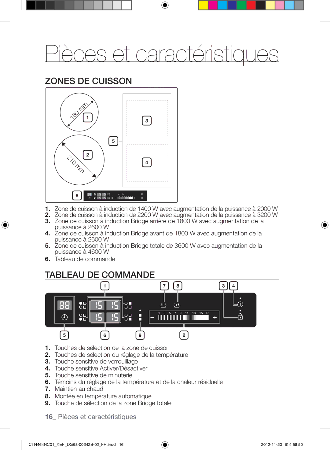 Samsung CTN263EA01/XEF, CTN464NC01/XEF manual Pièces et caractéristiques, Zones DE Cuisson, Tableau DE Commande 