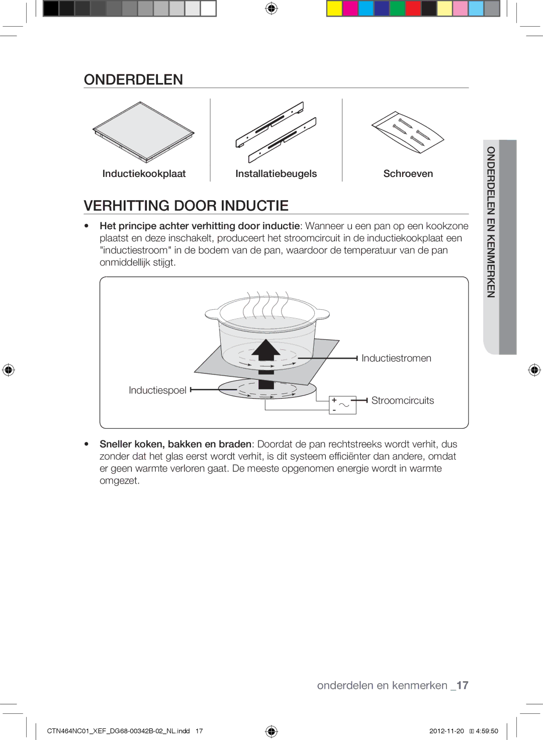 Samsung CTN464NC01/XEF manual Onderdelen, Verhitting Door Inductie, Inductiekookplaat Installatiebeugels Schroeven 