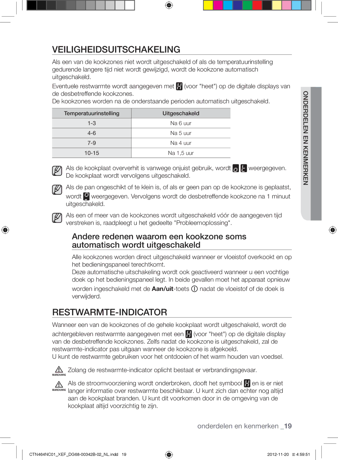 Samsung CTN464NC01/XEF, CTN263EA01/XEF manual Veiligheidsuitschakeling, Restwarmte-Indicator 