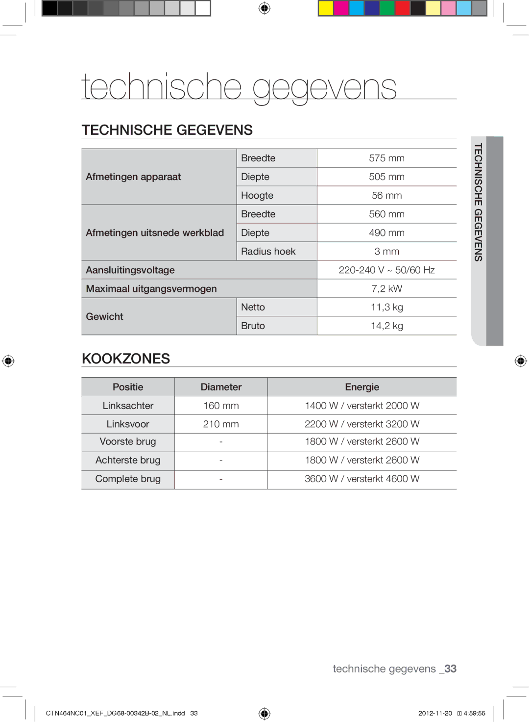 Samsung CTN464NC01/XEF, CTN263EA01/XEF manual Technische gegevens, Technische Gegevens 