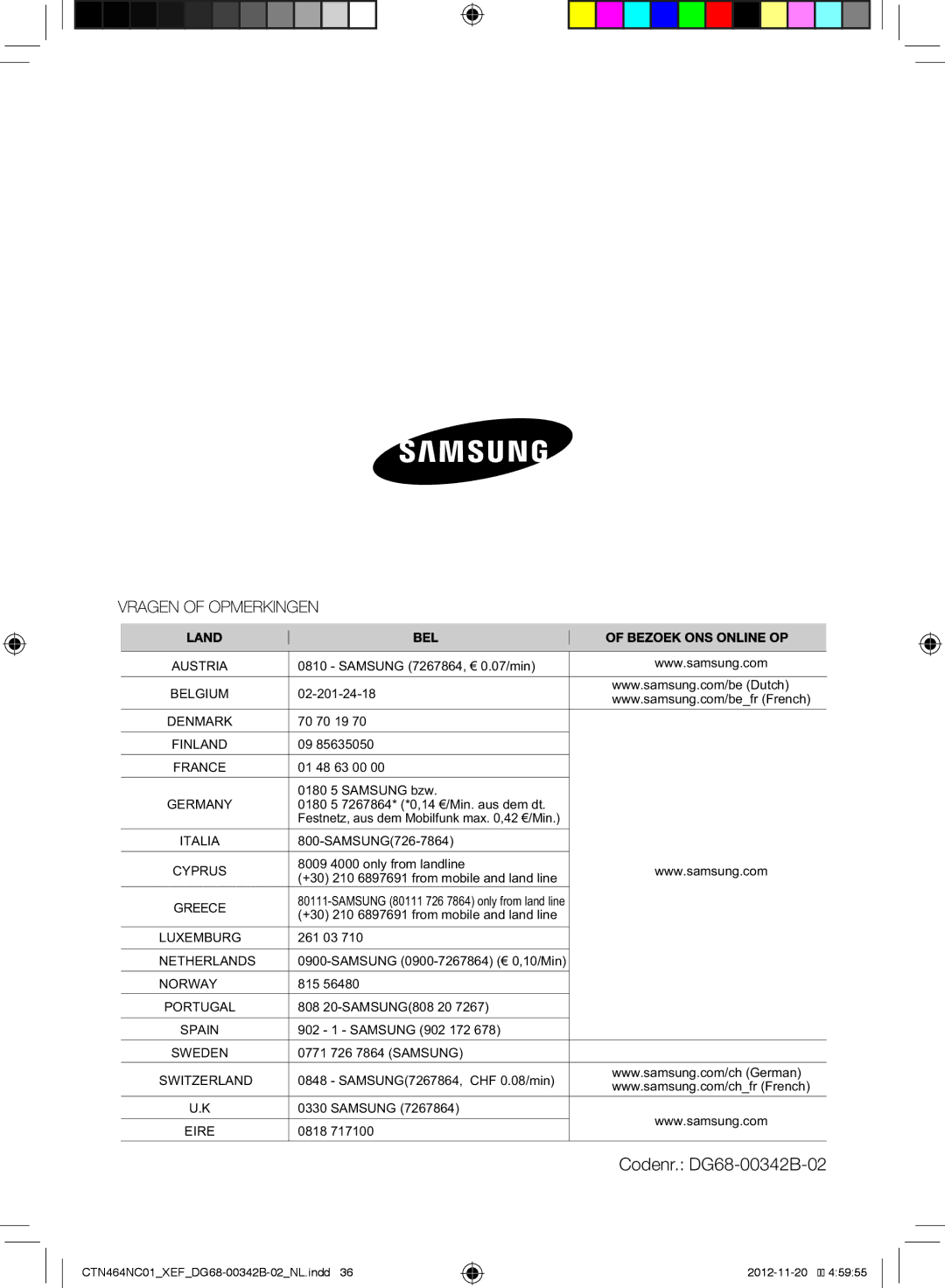 Samsung CTN263EA01/XEF, CTN464NC01/XEF manual Codenr. DG68-00342B-02 