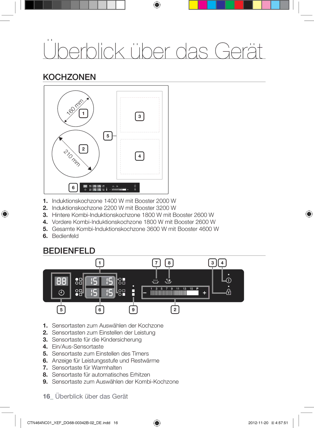 Samsung CTN263EA01/XEF, CTN464NC01/XEF manual Überblick über das Gerät, Kochzonen, Bedienfeld 