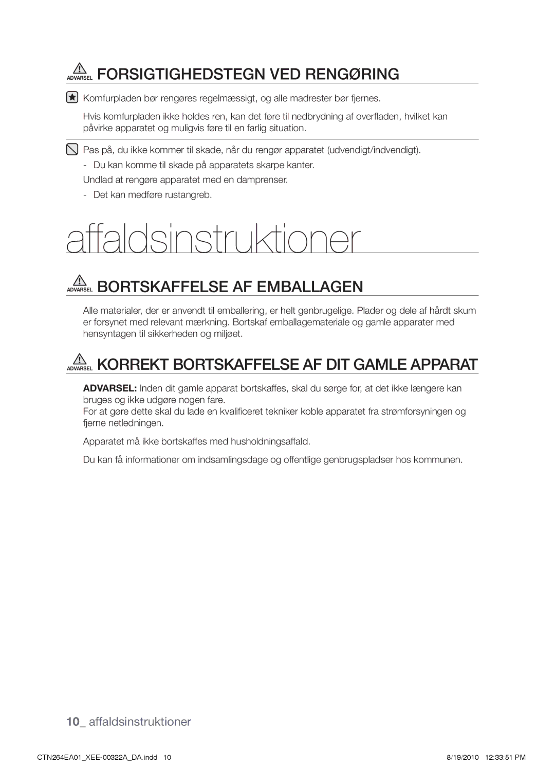 Samsung CTN264EA01/XEE manual Affaldsinstruktioner 