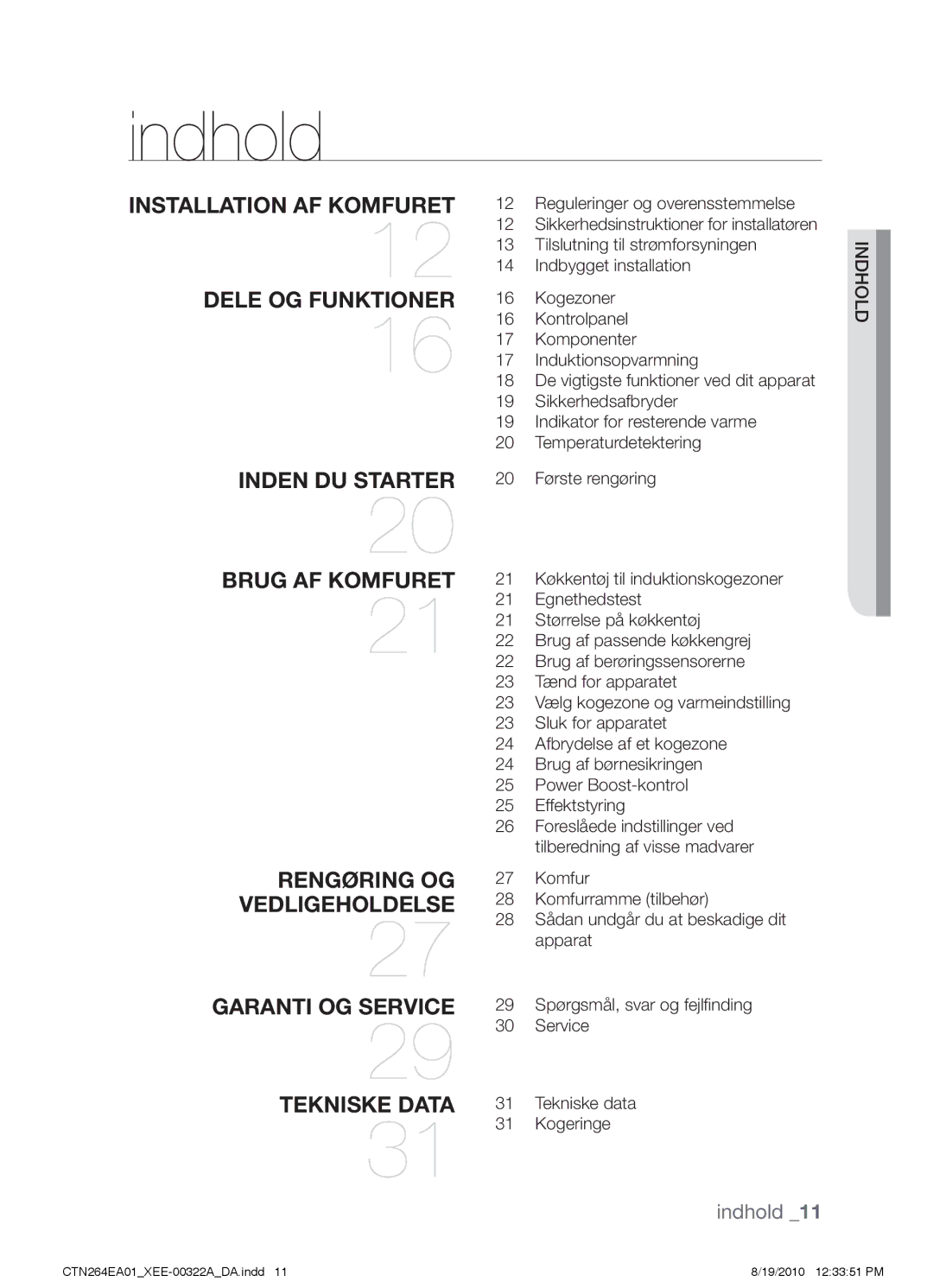 Samsung CTN264EA01/XEE manual Indhold, Installation af komfuret 