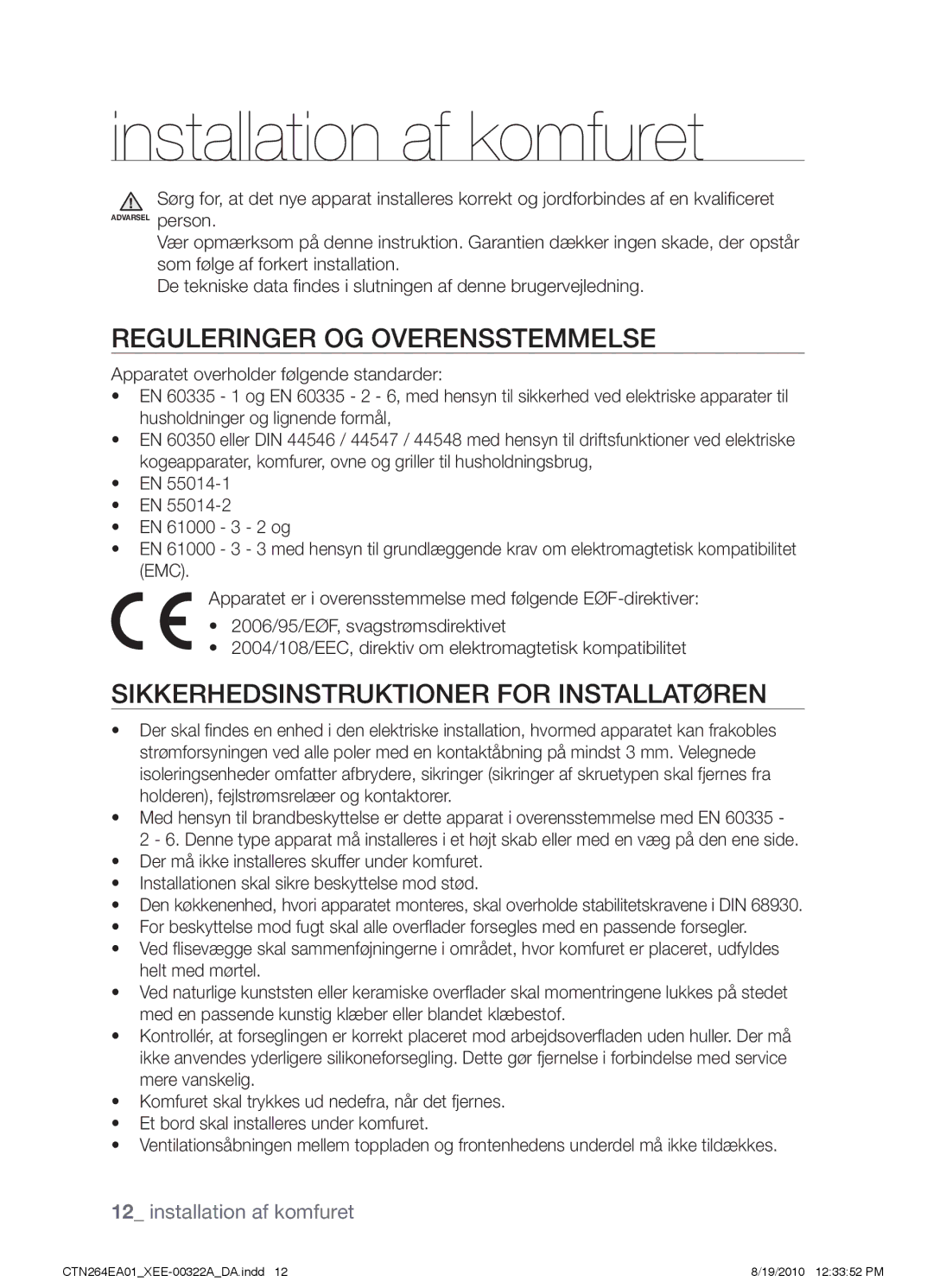 Samsung CTN264EA01/XEE manual Installation af komfuret, Reguleringer og overensstemmelse 