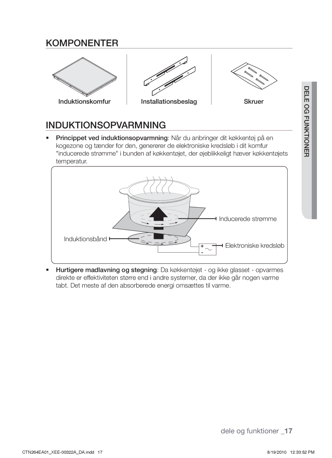 Samsung CTN264EA01/XEE manual Komponenter, Induktionsopvarmning 