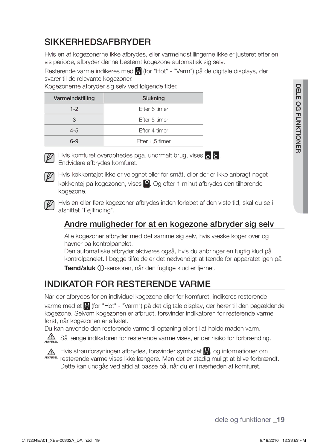 Samsung CTN264EA01/XEE manual Sikkerhedsafbryder, Indikator for resterende varme 