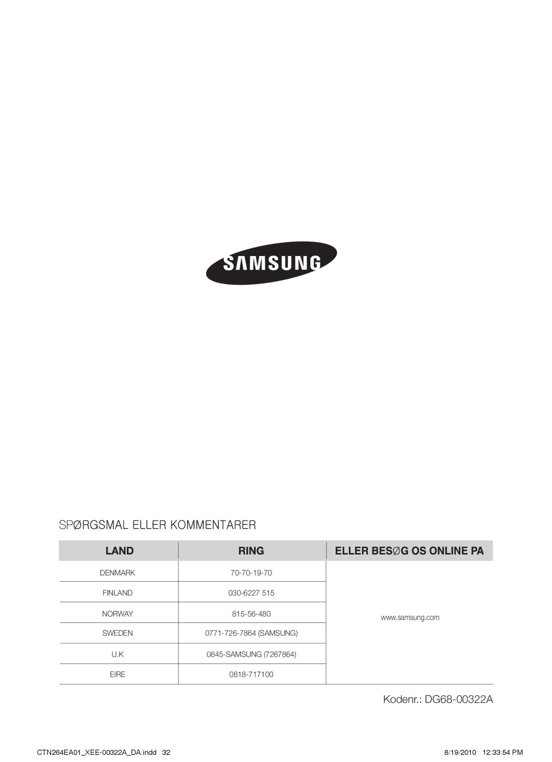 Samsung CTN264EA01/XEE manual Kodenr. DG68-00322A 