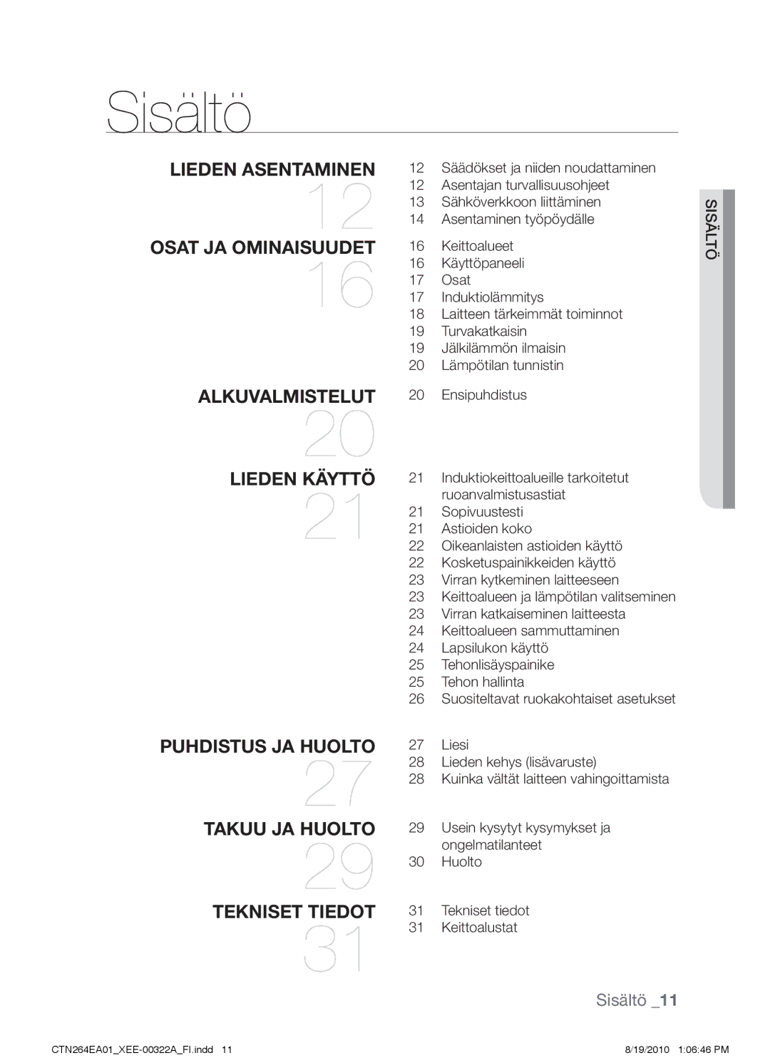 Samsung CTN264EA01/XEE manual Sisältö, Lieden asentaminen 