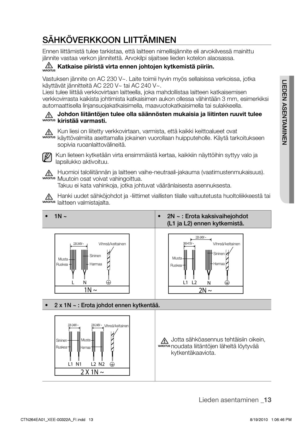 Samsung CTN264EA01/XEE manual Sähköverkkoon liittäminen, Katkaise piiristä virta ennen johtojen kytkemistä piiriin 