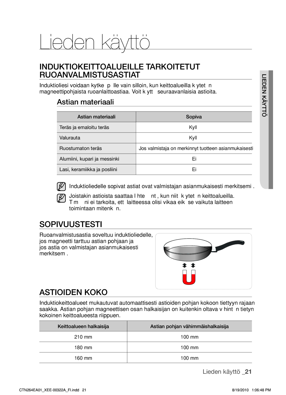 Samsung CTN264EA01/XEE manual Lieden käyttö, Induktiokeittoalueille tarkoitetut ruoanvalmistusastiat, Sopivuustesti 