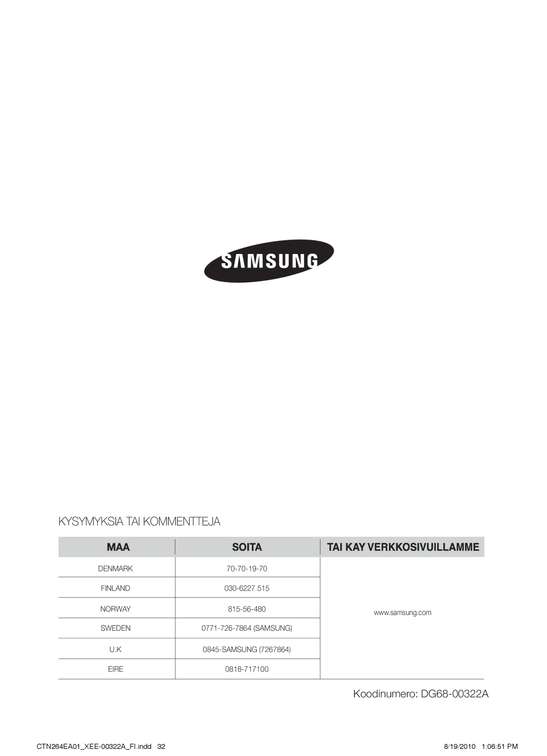 Samsung CTN264EA01/XEE manual Koodinumero DG68-00322A 