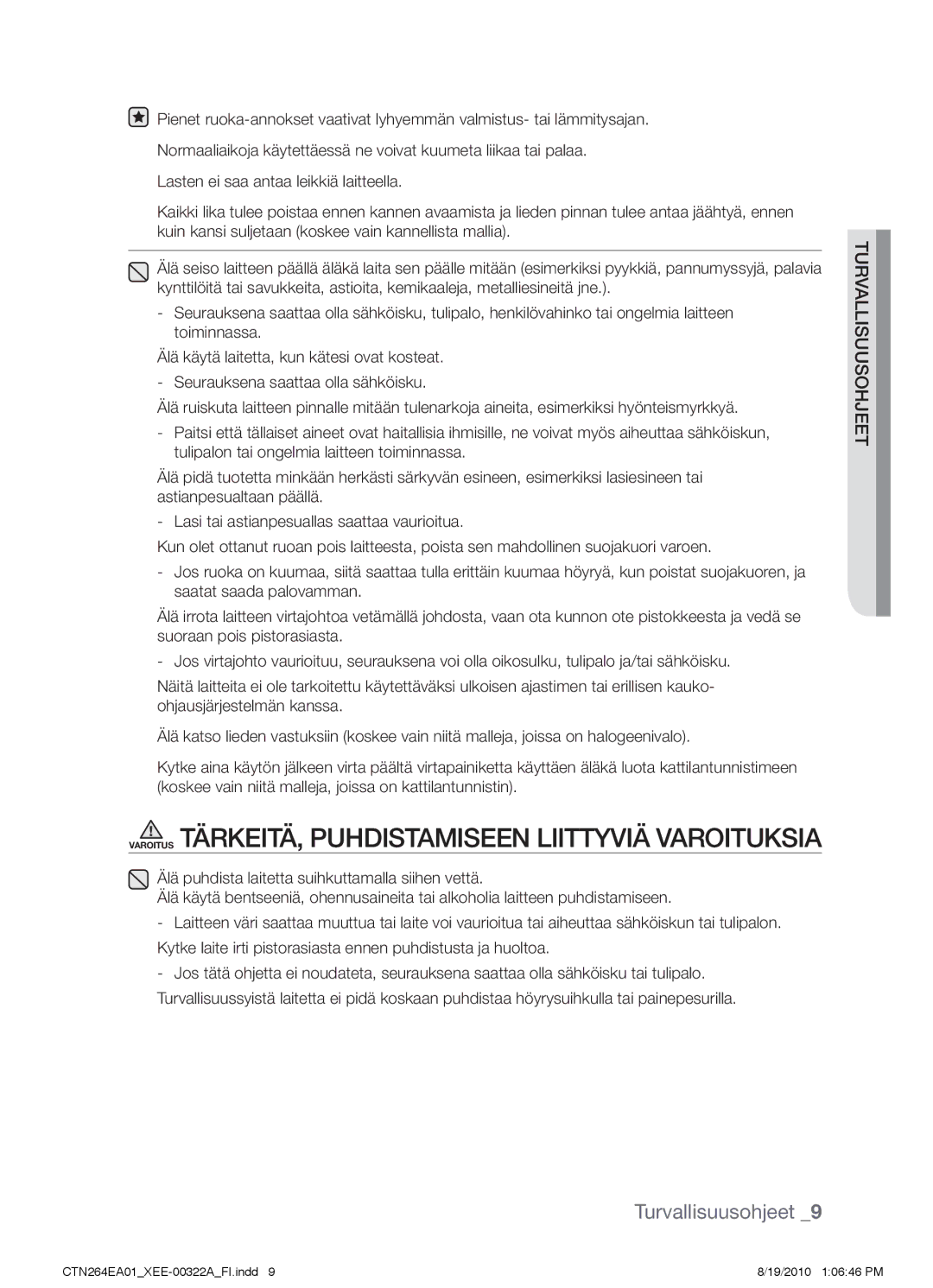 Samsung CTN264EA01/XEE manual Varoitus Tärkeitä, puhdistamiseen liittyviä varoituksia 