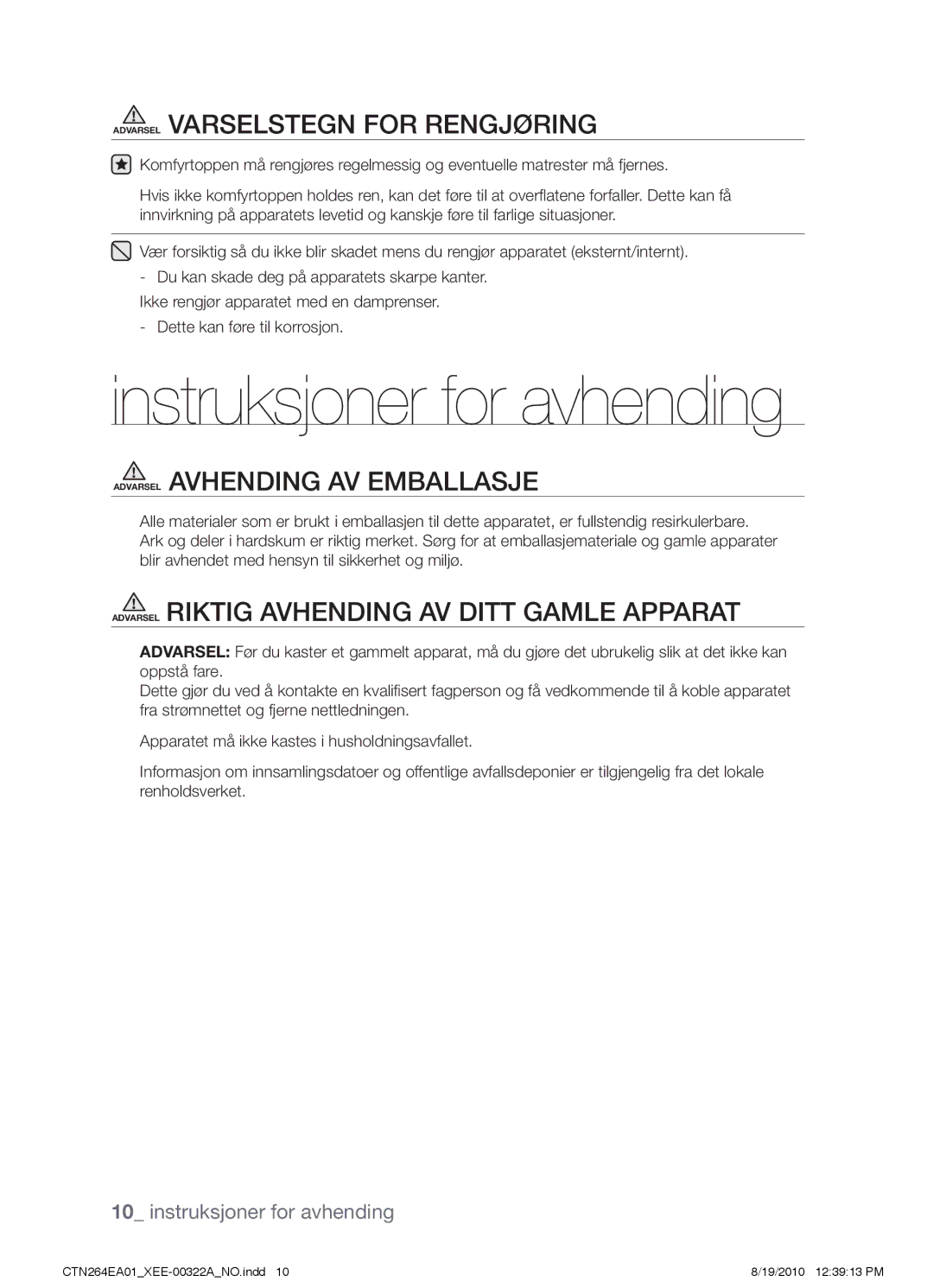 Samsung CTN264EA01/XEE manual Instruksjoner for avhending 