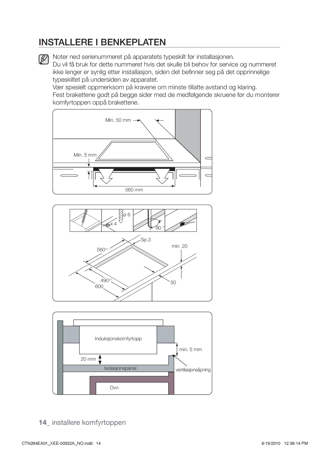 Samsung CTN264EA01/XEE manual Installere i benkeplaten 