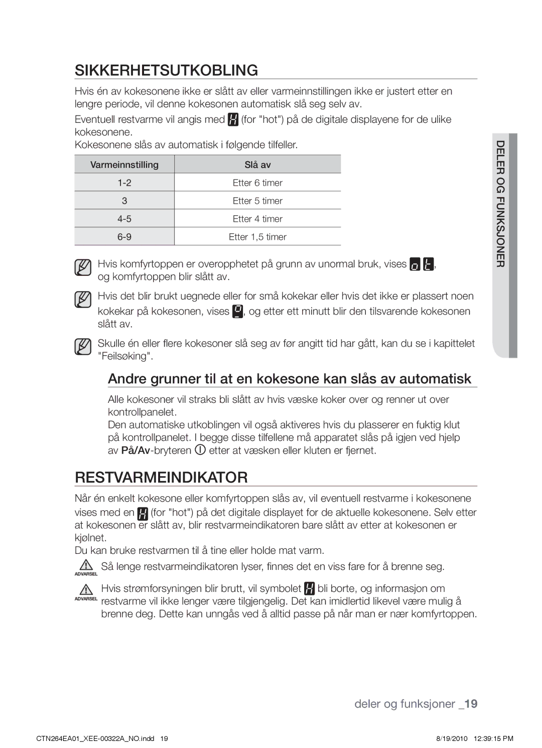 Samsung CTN264EA01/XEE Sikkerhetsutkobling, Restvarmeindikator, Andre grunner til at en kokesone kan slås av automatisk 