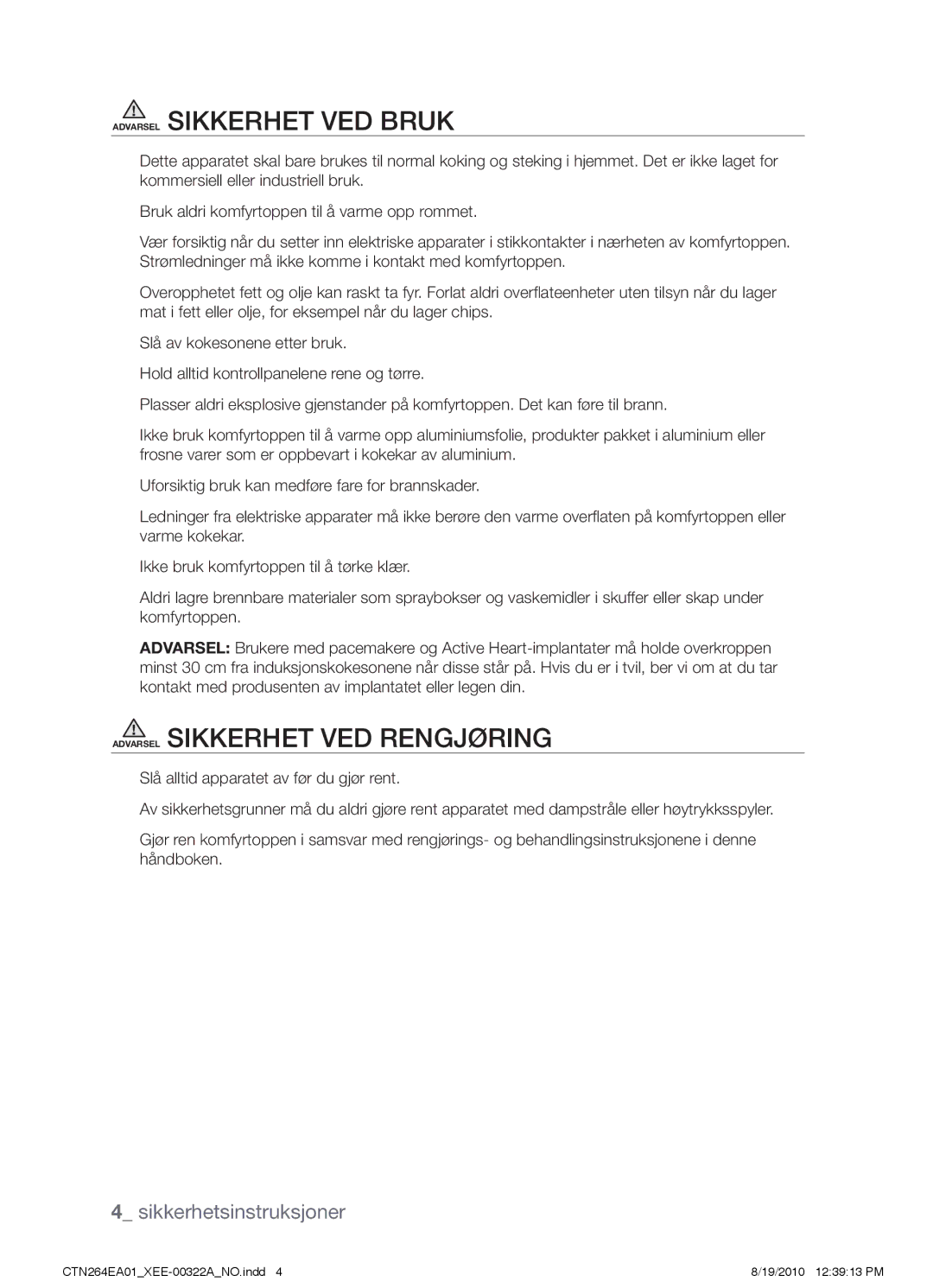 Samsung CTN264EA01/XEE manual Sikkerhetsinstruksjoner 