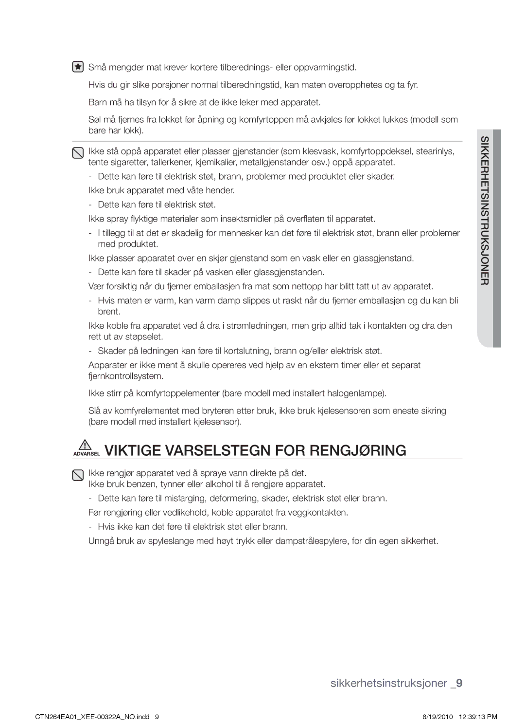 Samsung CTN264EA01/XEE manual Sikkerhetsinstruksjoner 